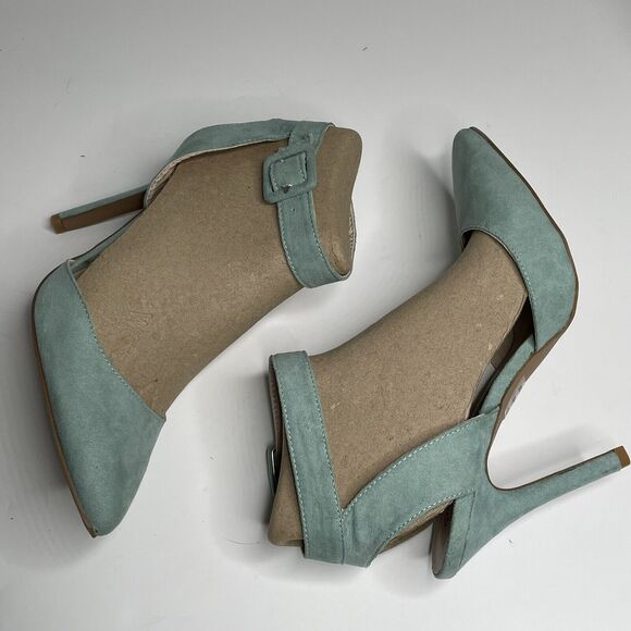 Qupid Light Green Wrap Ankle Strap Faux Suede Pointed Toe Stiletto Heels Size 10 - Picture 4 of 12